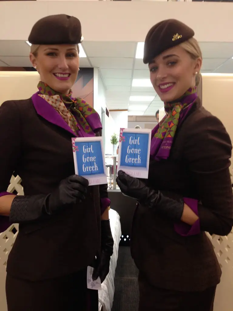 Etihad Crew support Girl Gone Greek (the cover sort of goes with their uniform)