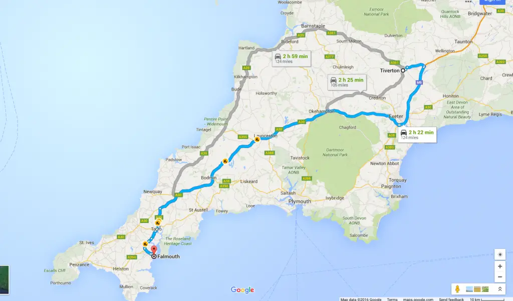 Route from Tiverton, Devon to Falmouth, Cornwall