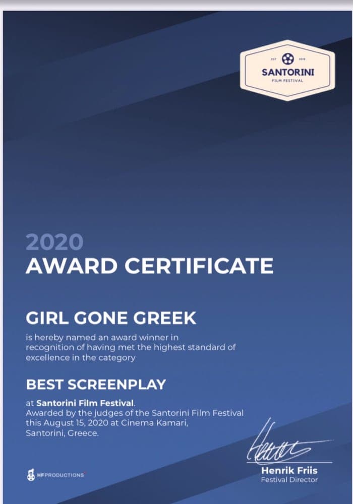 Santorini Film Festival 2020 award certificate: Girl Gone Greek, Best Screenplay