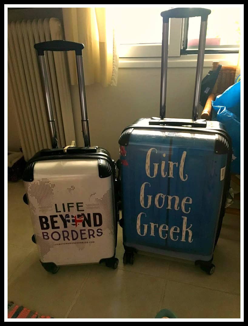 Life Beyond Borders and novel Girl Gone Greek personalised wheelie cabin and hold luggage - good for ensuring your bags aren't taken at the airport - and to stand out