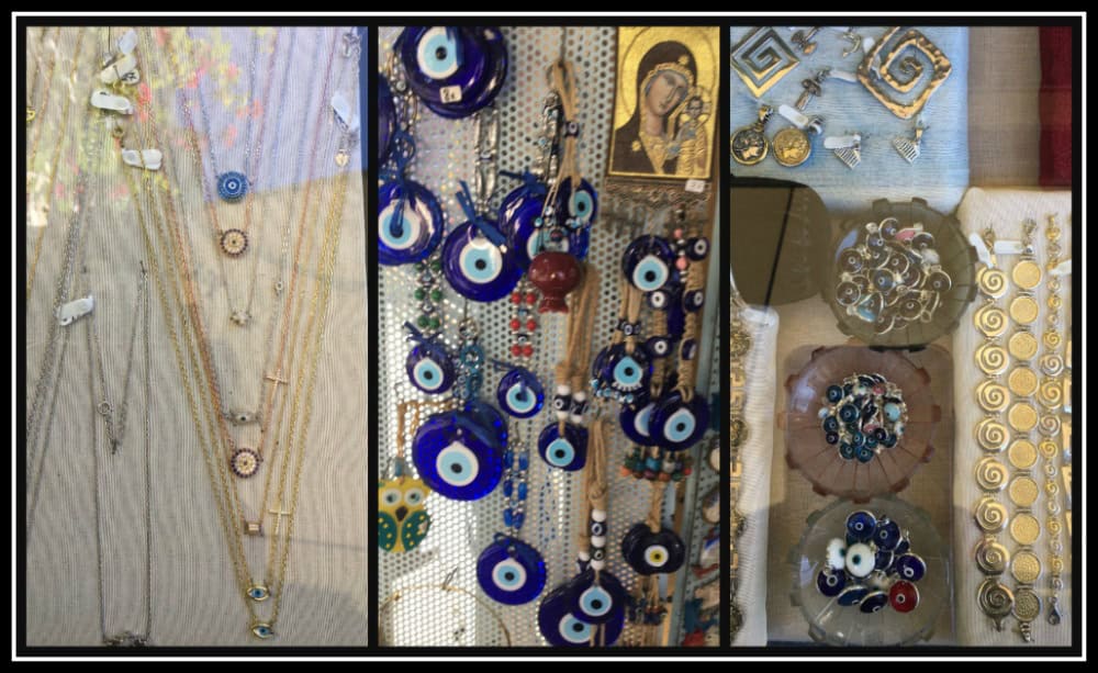Collection of Mati - Greek Evil Eye - souvenirs: jewellery, pendents.