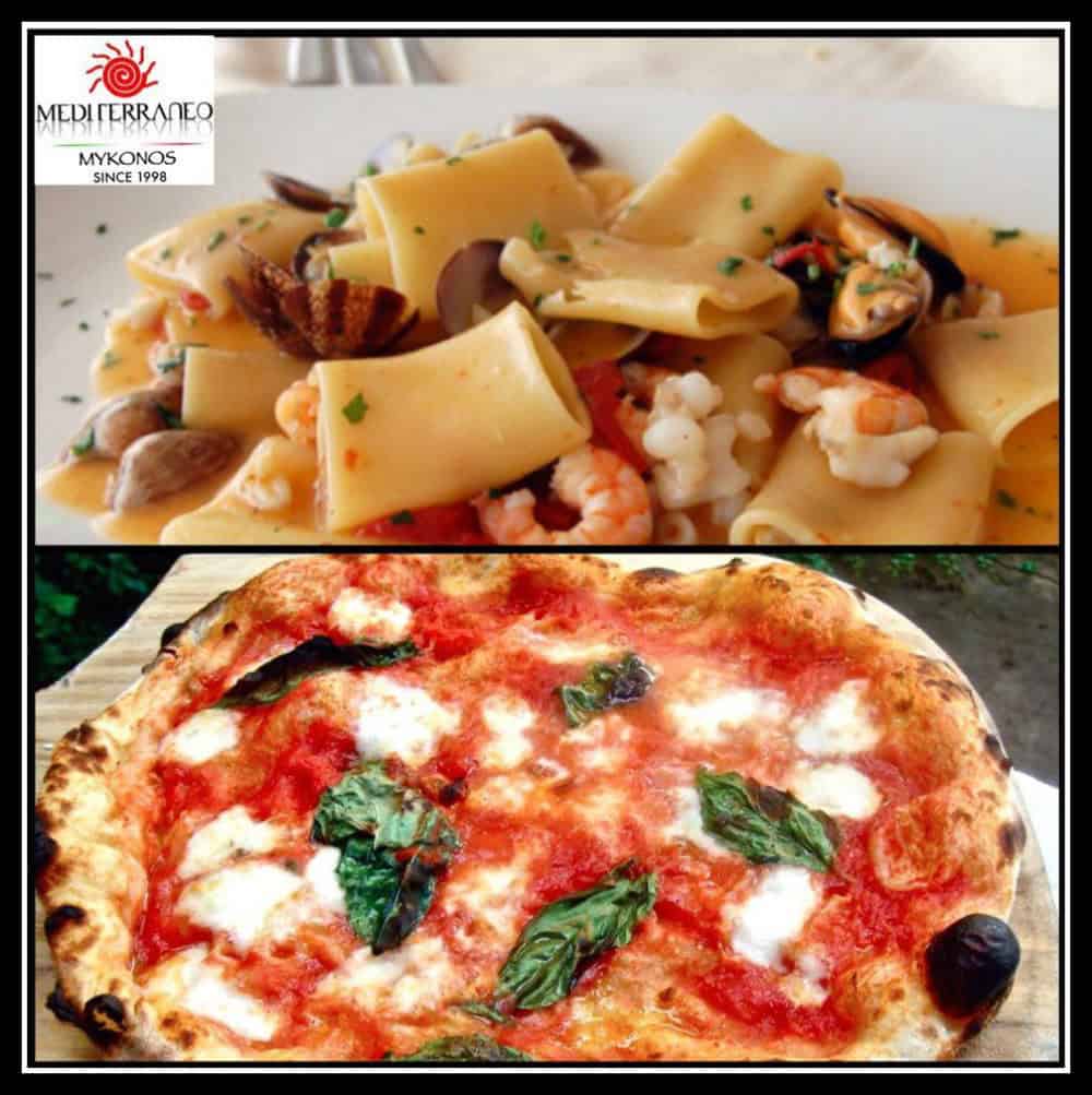 Pizza and Pasta at Mediterraneao restaurant Mykonos Photo Credit Mediterraneo