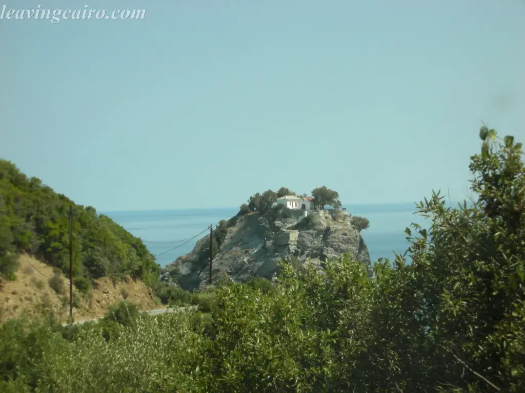 The "Mamma-Mia" wedding church in the distance