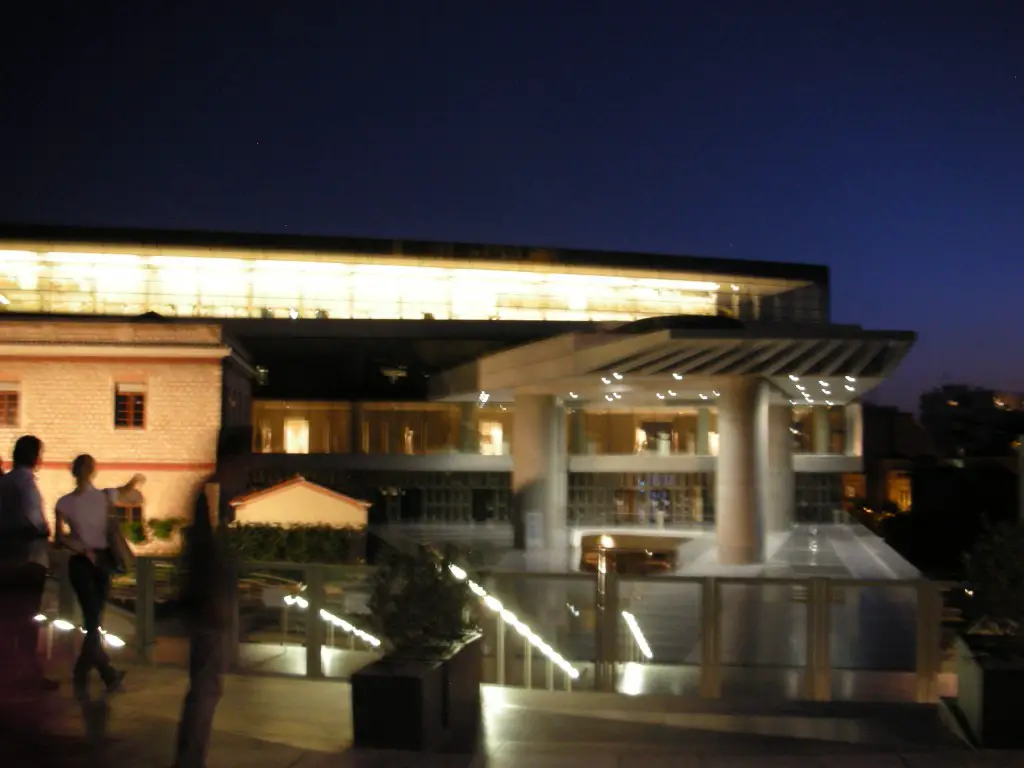 Outside the Acropolis Museum at night