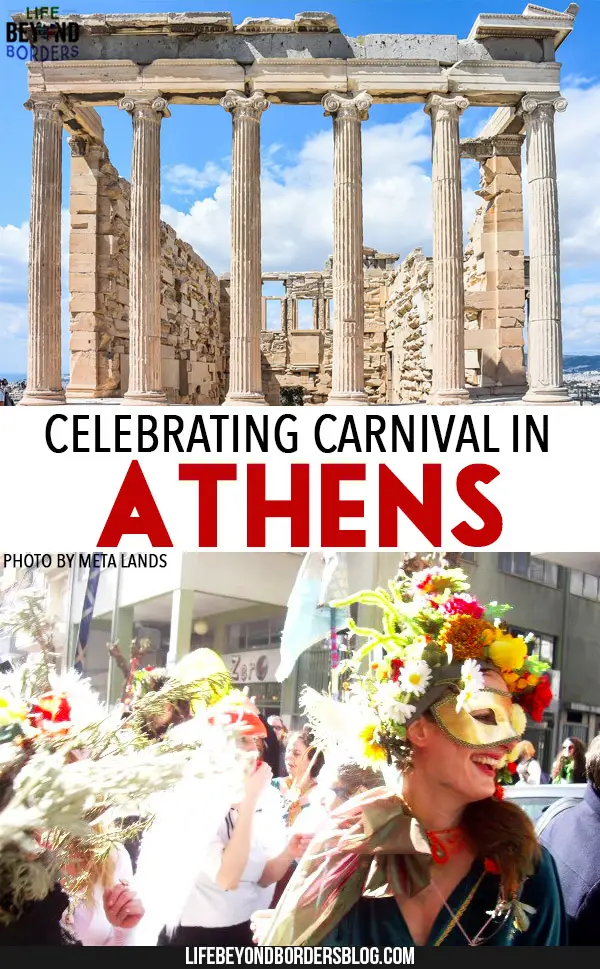 Come and celebrate carnival in Athens, Greece. "Metaxourgeio Carnival" (<a href="https://creativecommons.org/licenses/by/2.0/" target="_blank" rel="license noopener noreferrer">CC BY 2.0</a>) by <a href="https://www.flickr.com/people/metaxourgeio/" target="_blank" rel="cc:attributionURL noopener noreferrer">Meta Lands</a> and Acropolis image by<a href="https://pixabay.com/en/acropolis-athens-greece-ancient-2725918/" target="_blank" rel="noopener noreferrer"> Anestiev</a>