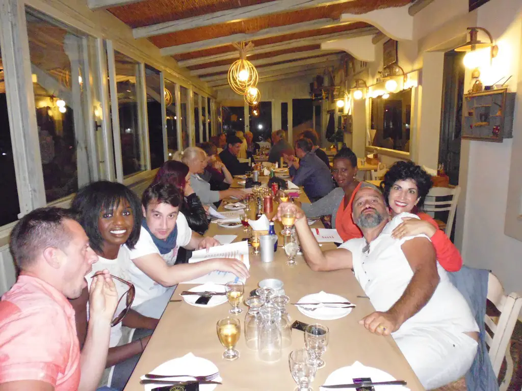 Relaxing with some tremendous Greek food at the end of a long day of shooting for the cast & crew