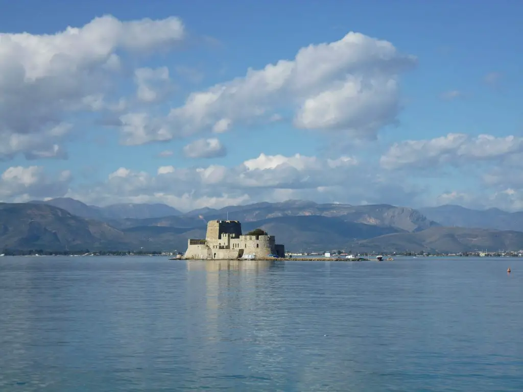 Bourtzi, the small Venetian fort on Agioi Theodoroi island - Nafplio. Athens to Nafplio Day Trip - LifeBeyondBorders