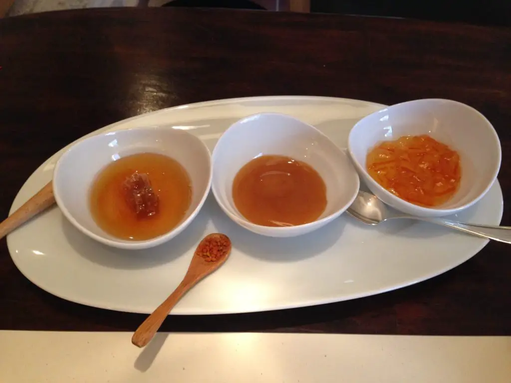 Home-made marmalade and a choice of two honey's. Not the middle one has a spoon - with the pollen seperated! It can be added if needed. Kokkini Porta Rossa Hotel - Rhodes