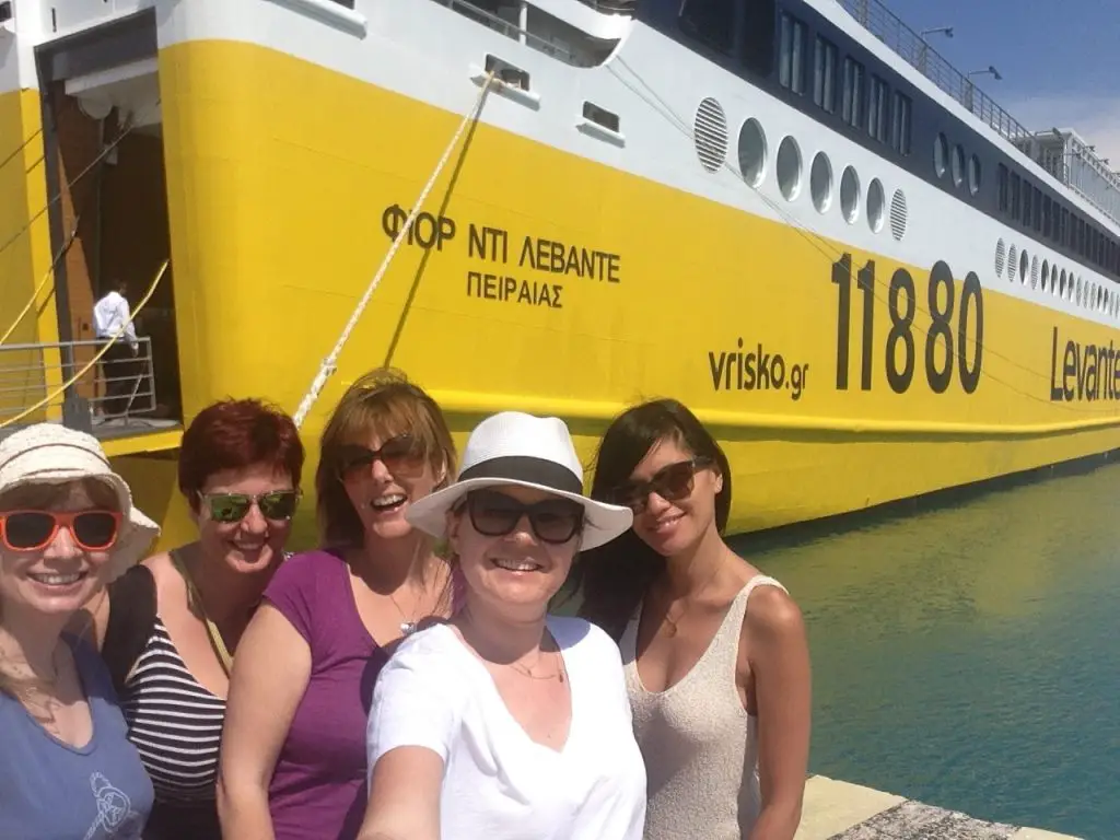 The travel bloggersand host Zante Hotels 4 U waiting to board the very colourful Fior Di Levante