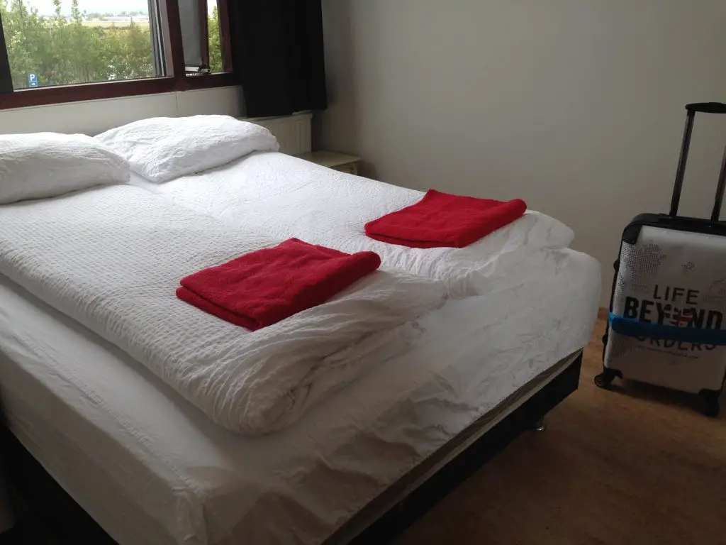 The double room at BUS Hostel, Reykjavik, Iceland. Note the two duvets