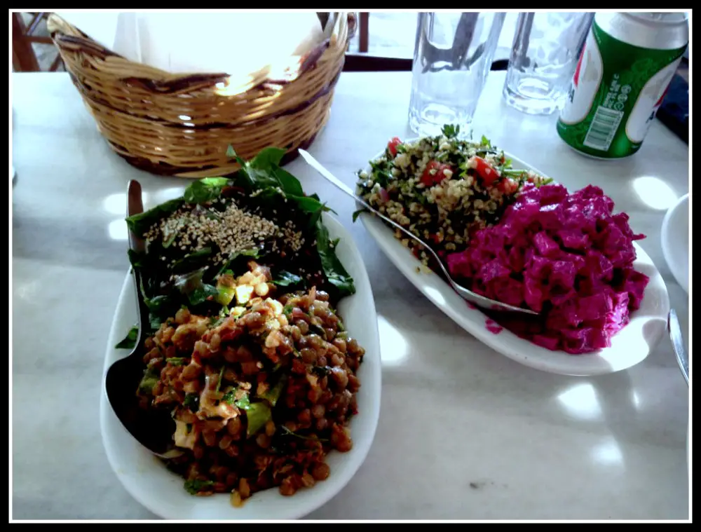 Beet and Potato Salad with chicken tikka at Kiki's Taverna - Mykonos - Greece - LifeBeyondBorders
