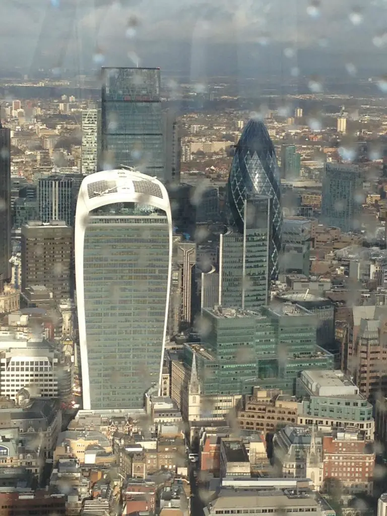 View from The Shard of The Walkie-Talkie building, with the Gherkin to the right in the City of London