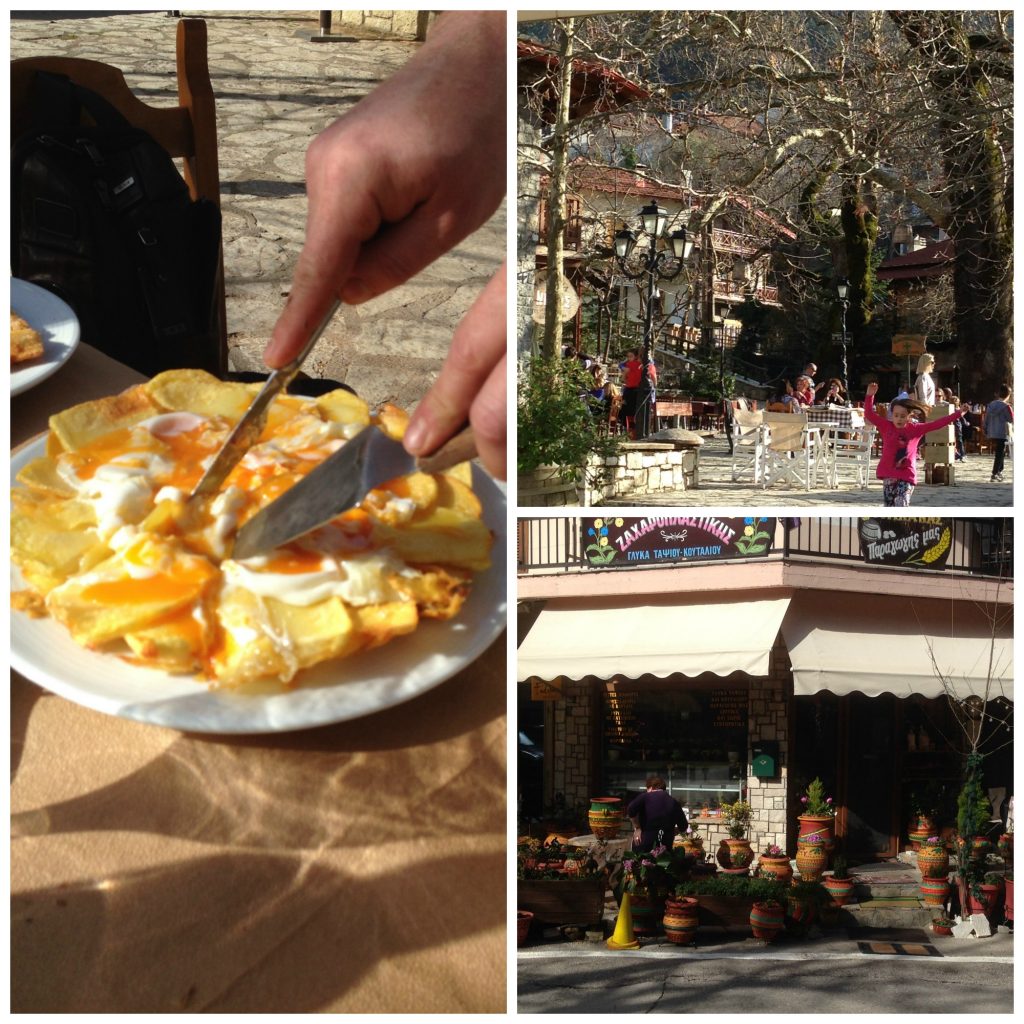 Delicious lunch at Nikos's Taverna - (fried eggs and potatoes) and the Town Square of Eptalofos, Greece. Life Beyond Borders