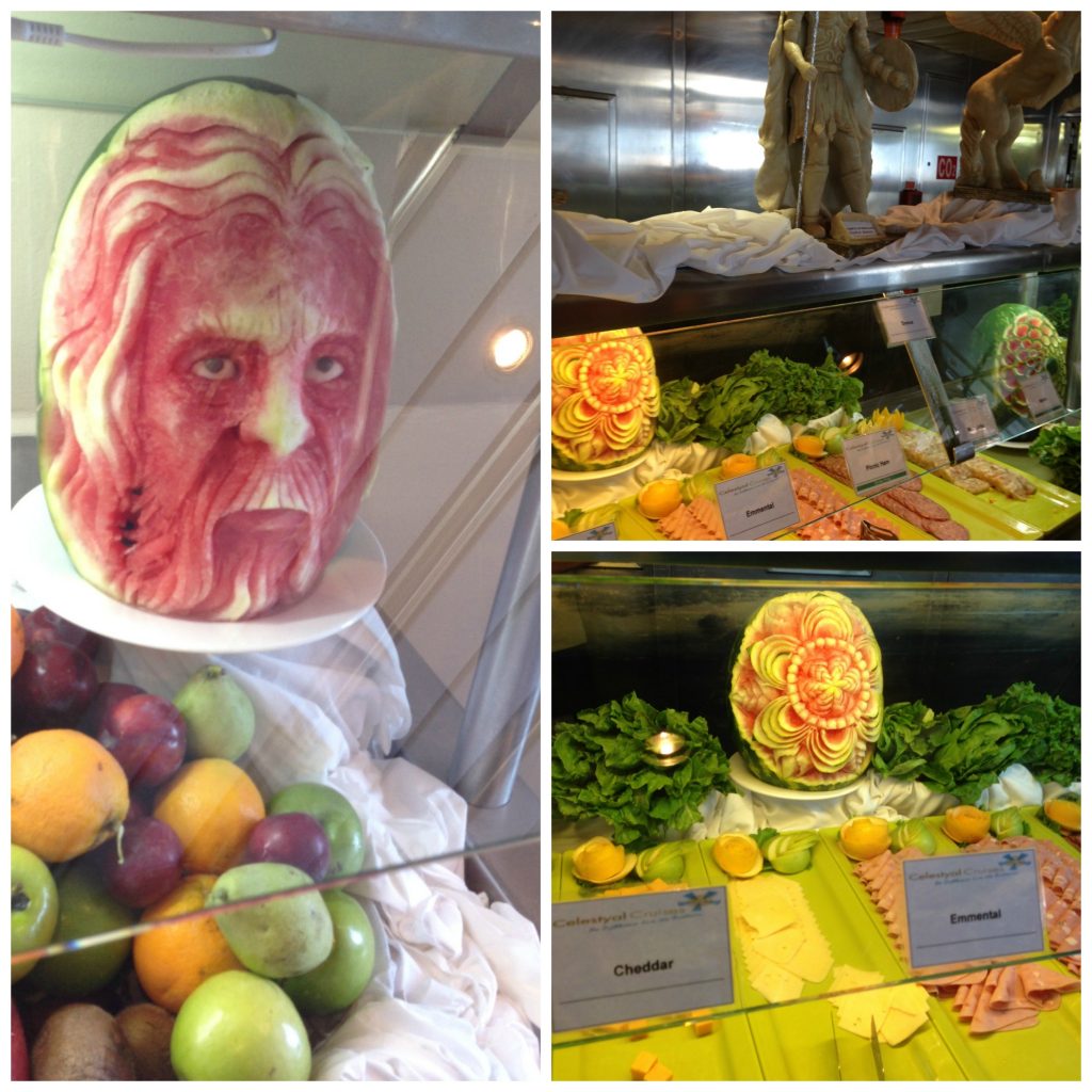 Celestyal Buffet. Note the Greek God faces cut into the watermelon. Life Beyond Borders
