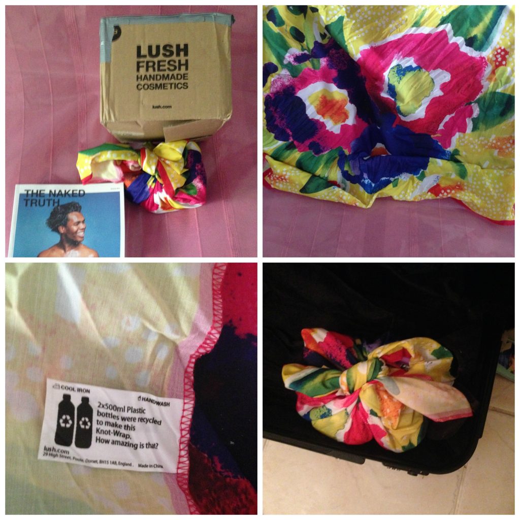 LUSH travel products packaged up in headscarf made from recycled materials - and can double up to hold your toiletries in your case. Life Beyond Borders