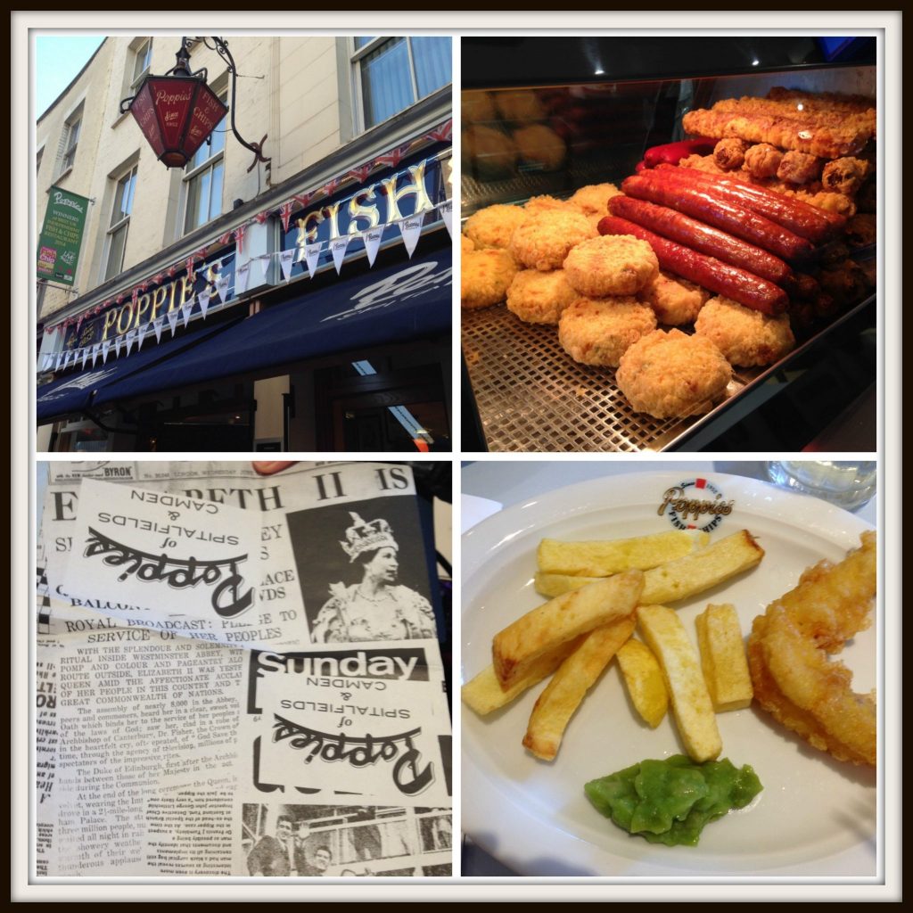 Poppies Award-Winning Fish 'n' Chips: chic of dishes, the famous newspaper wrapping and our cod 'n'chips with mushy peas to taste . Eating London Food Tour - LifeBeyondBorders 