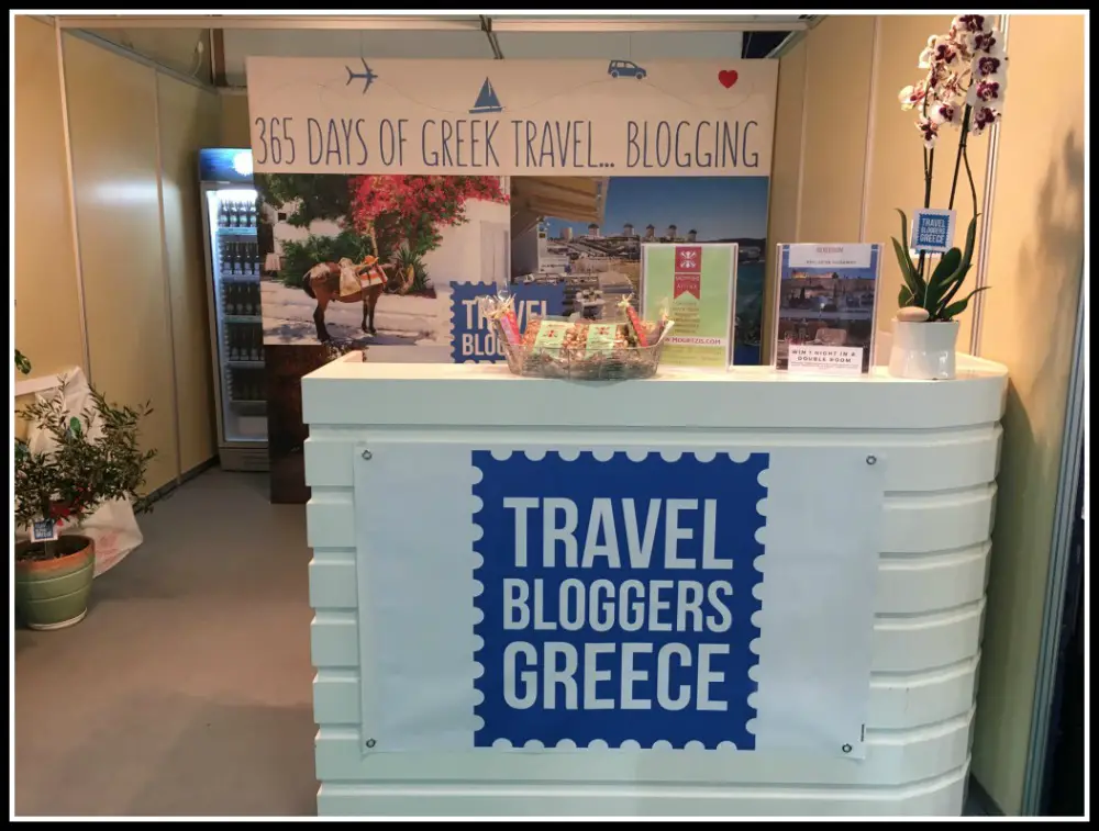 Travel Bloggers Greece Stand at Xenia Expo Tourism Show. Showcasing Greece as a 365 day destination